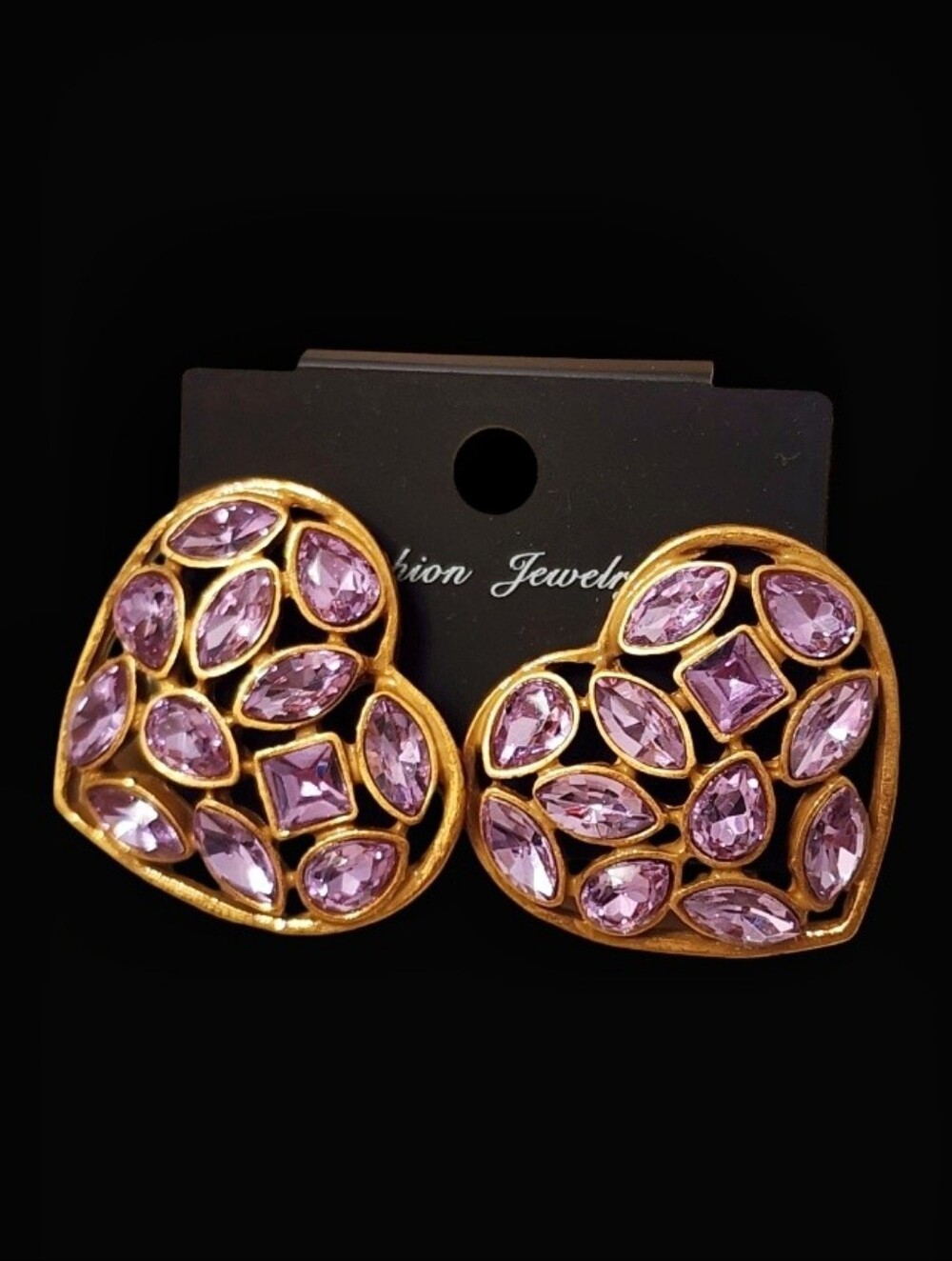 Gold Heart Earrings With Light Purple Gem Accents